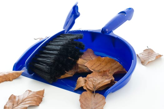 Shovel and broom and autumn leaves
