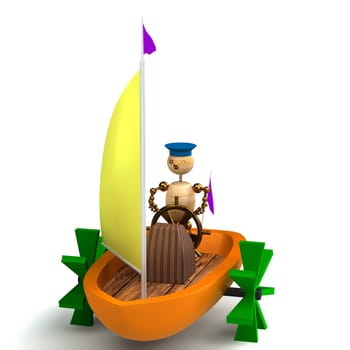 3d wood man on toy boat isolated on white