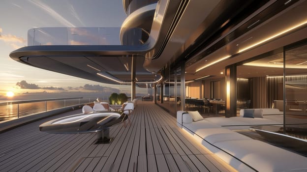 Luxurious modern yacht deck with seating area at sunset overlooking ocean.