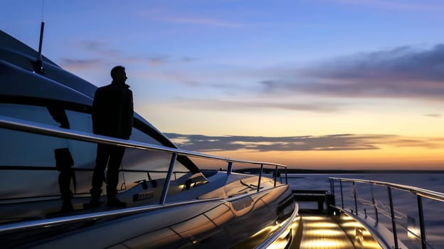 Silhouette of young asian male on luxury yacht at sunset.