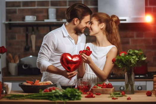 Beautiful young couple spending time together while celebrating Saint Valentine's Day with gift box in hand and air balloons in shape of heart. AI Generated