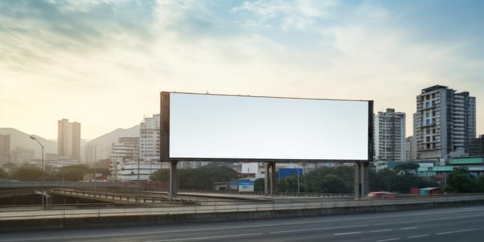 Empty white billboard signage advertising signs on the side of highway. Mockup advertisement concept. Generative ai.