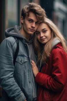 Beautiful young couple spending time together while celebrating Saint Valentine's Day with gift box in hand and air balloons in shape of heart. AI Generated