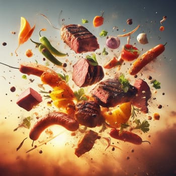 meat barbacue flying pieces of meat and veggies , splahing sauces, sunset golden light generative ai art