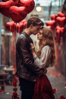 Beautiful young couple spending time together while celebrating Saint Valentine's Day with gift box in hand and air balloons in shape of heart. AI Generated