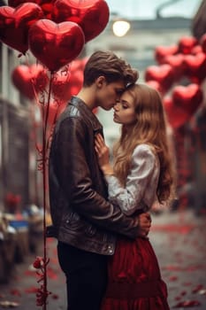 Beautiful young couple spending time together while celebrating Saint Valentine's Day with gift box in hand and air balloons in shape of heart. AI Generated