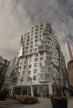 London, UK - Oct 16, 2023 - Facade Residential luxury apartment buildings at Battersea near to Battersea Power Station. Modern apartment battersea buildings complex with balconies and architectural structure, Design urban geometry.