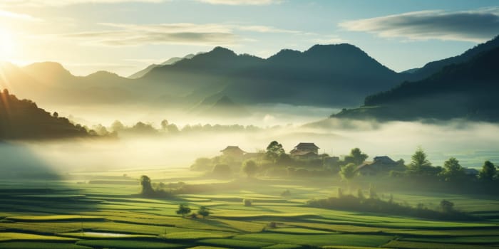 Majestic Mountains and Misty Paddy Fields. Generative AI.