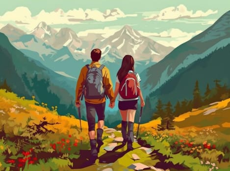 woman man tent illustration vacation mountain hike camping trekking activity couple wilderness balefire adventure adult character person travel nature forest background hiking. Generative AI.