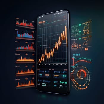 Business finance and stock market chart with flat line ar interface, ux ui. Generative AI.