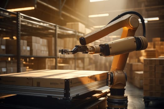 Robotic Arm in warehouse. logistic concept. Generative AI.