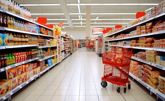 Store commerce shopping customer row retail interior food sale grocery business shelf trolley buy marketing mall consumer hypermarket purchase supermarket