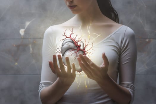 woman donor hand doctor cardiologist hope background life medical awareness cholesterol help shape cardiology heart red charity earth concept health nubes. Generative AI.