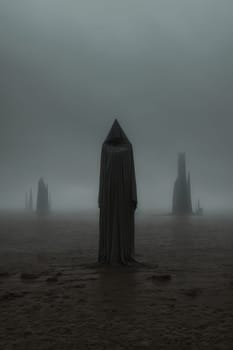 Profound loneliness and gloom. Abstract statues in the desert. AI generated