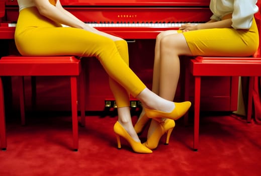 woman erotic song piano red concert foot rose modern elegant keyboard sensuality room yellow person musical colourful legs fashion trend young. Generative AI.