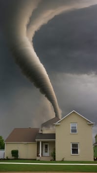 Residential building in a rural area in bad stormy weather during a tornado. AI generated