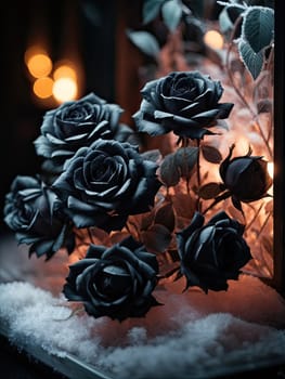 Beautiful bunch of black roses in snow. AI generated