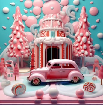 toy christmas winter holiday background red snow retro candy new december delivery postcard merry car pink festive xmas gift claus. Generative AI.