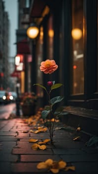 Yellow flower on the street of the old city. AI generated