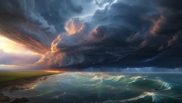 Epic storm over the ocean shore. AI generated