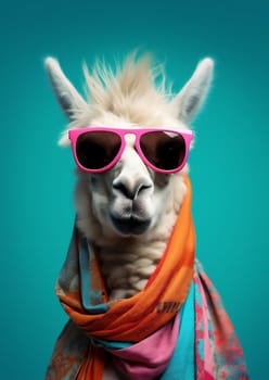 Cute stylish alpaca portrait of llama wearing glasses on blue background wearing glasses and scarf, fashion