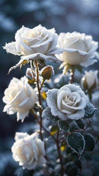 Beautiful bunch of frosty white roses. AI generated