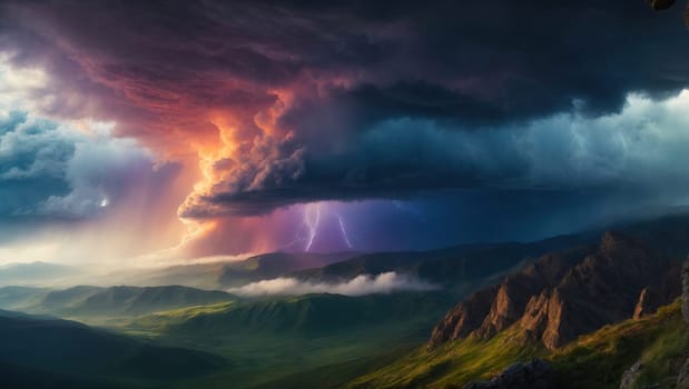 Epic dramatic storm cell as seen from high on a mountain. AI generated