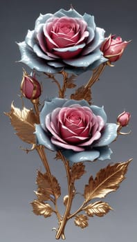 Porcelain rose with golden stem and leaves. AI generated