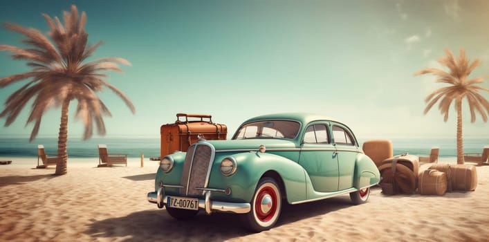 retro sun traveler travel beach vacation vintage trip palm tourism classic auto tropical tropic art car background vehicle summer road. Generative AI.