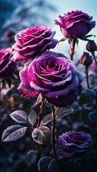 Beautiful bunch of frosty deep black roses. AI generated