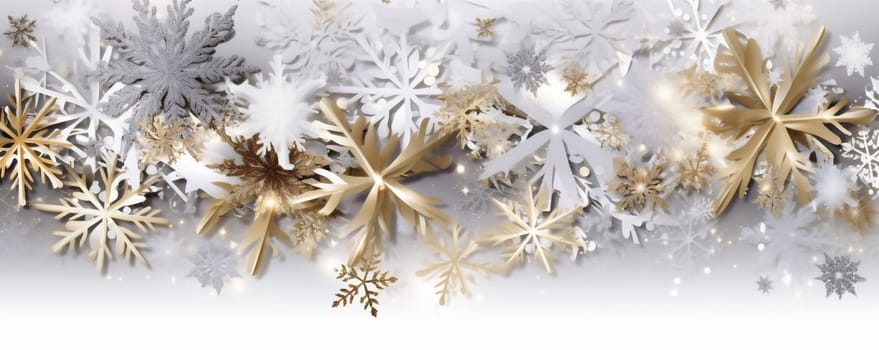 sparkle xmas christmas white season winter snowflake ornament shine holiday glow decoration celebrate magic abstract colour snow background golden gold star. Generative AI.