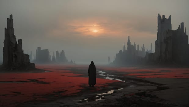 Ruined city apocalyptic desert surreal dark landscape. AI generated