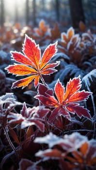 Beautiful fall plant life covered in frost. AI generated