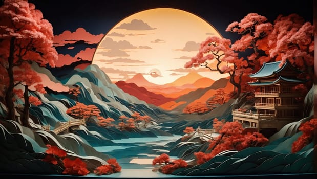 Paper art landscape with pagoda, lake, mountains. AI generated