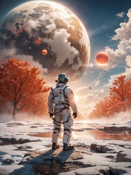 Astronaut in beautiful another world with surreal nature. AI generated