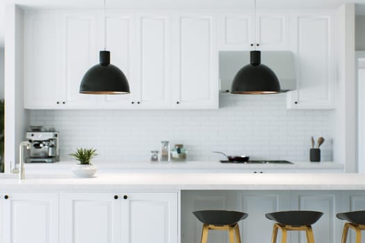 White kitchen with countertop as an accent. Kitchen work area with lamps, chairs and kitchen appliances. The kitchen is blurred in the background. 3D rendering