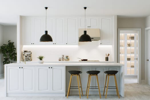 White kitchen with island, bar stools and chandeliers. Stylish design of a classic modern kitchen. 3D rendering