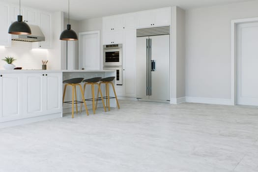 White kitchen with island and large refrigerator. View of the kitchen with an emphasis on the floor. 3d rendering