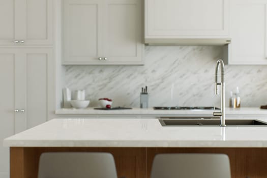 View of a kitchen island, white marble countertop with blurred white kitchen background for product presentation. Table with blurred kitchen background in bokeh. 3D rendering