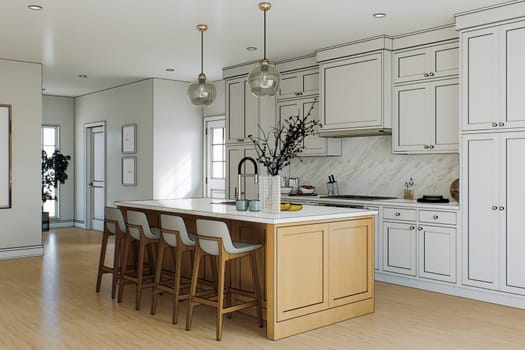 Traditional American kitchen with wooden island and kitchen appliances. The kitchen interior is highlighted with a black outline and stylized design. 3D rendering