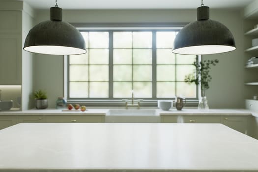 Kitchen interior with an island with a white stone countertop - for placing and advertising products against the blurred background of the kitchen by the window. 3D rendering