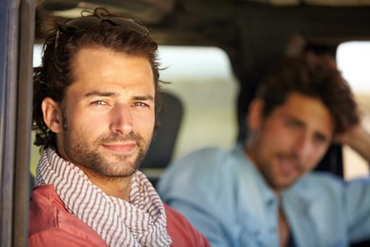 Car road trip, travel portrait and man on journey, adventure or motor transportation for friendship vacation, tour or getaway. Moving automobile, relax passenger face and person driving in SUV van.