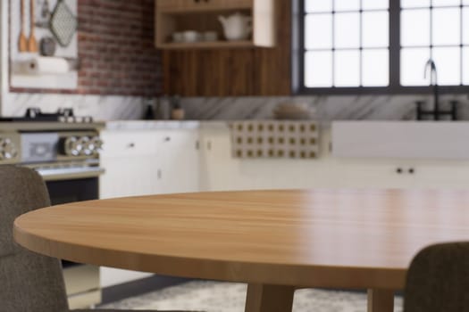 Kitchen with an emphasis on the surface of the kitchen table with a blurred background - a place to place products. L-shaped kitchen with beams and dining table. 3D rendering