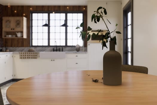 Kitchen with an emphasis on the surface of the kitchen table with a blurred background - a place to place products. L-shaped kitchen with beams and dining table. 3D rendering