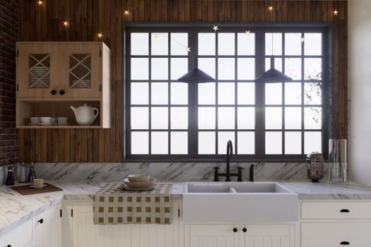 White kitchen with dark wood, large window and kitchen utensils. L-shaped kitchen accented by a kitchen sink near a large window. 3D rendering