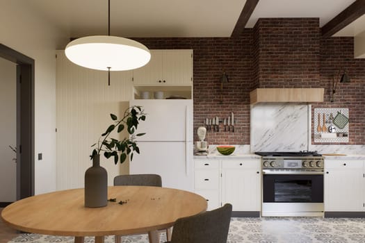 White kitchen with dark red brick, wood, large window and kitchen utensils. L-shaped kitchen with beams and dining table. 3d rendering