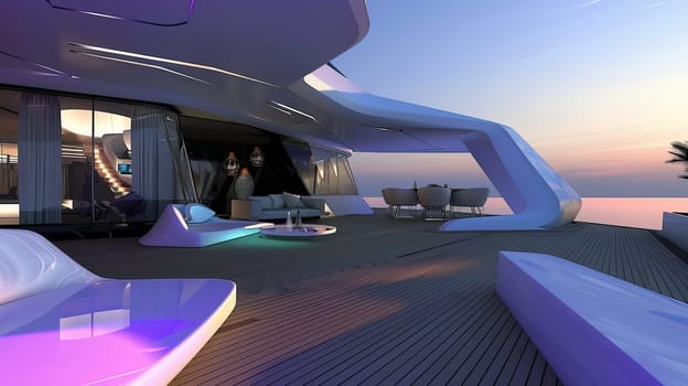 Sleek modern yacht deck at sunset: luxury outdoor seating and stunning ocean views.