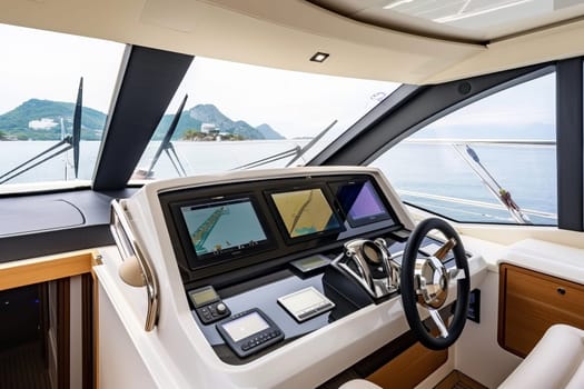 Luxurious yacht interior with navigation screens and steering wheel on calm sea.