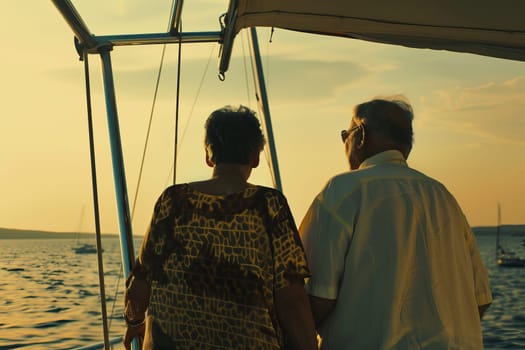 Elderly caucasian couple enjoying sunset cruise on a yacht at sea.