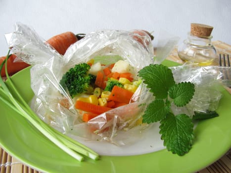 Vegetables in a steam-cooking bag
